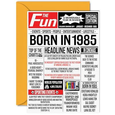 40th Birthday Cards for Women Men - Born In 1985 Newspaper - Happy 40 Birthday Card for Sister Brother Friend Vintage Retro Back In 1985, A5 Bday Greeting Cards