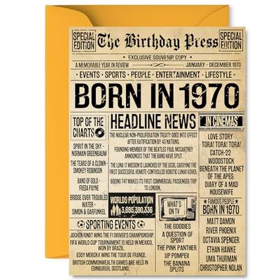 55th Birthday Card for Men Women - Bday Press Newspaper 1970 - Happy 55 Birthday Cards for Daughter Sister Wife Son Uncle Colleague, A5 Bday Greeting Cards