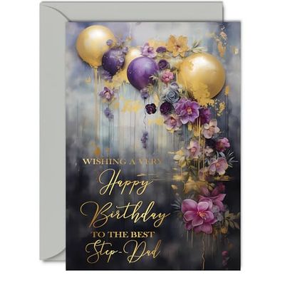 Beautiful Gold Birthday Cards for Step-Dad - Golden Party Balloons - Elegant Traditional Pretty Birthday Card for Step Dad from Step Son Daughter, A5 Father Gorgeous Greeting Cards Gift