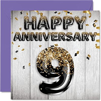 Awesome Willow Anniversary Card for Husband Boyfriend Wife Girlfriend - Black Gold Glitter Balloons - Happy 9th Anniversary Cards from Family, 145mm x 145mm Greeting Cards for Ninth Anniversaries