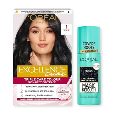 L'Oréal Paris Black Hair Duo: Magic Retouch Instant Root Concealer Spray + Excellence Crème Permanent Hair Dye, 1 Black, At-Home Hair Colour with up to 8 weeks of coverage