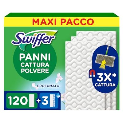 Swiffer Panni Cattura Polvere, 120 Panni Microfibra Dry e 3 Panni Lavapavimenti, Cattura Polvere e Sporco, Ottimo per Tutti i Tipi di Pavimenti e per i Peli di Animali, Maxi Formato