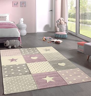 Mia's Teppiche Marie - Alfombra Infantil, Alfombra habitación Infantil, niño y niña, Pastel, Moderna, a Cuadros, Lunares, Corazones, Estrellas, Color:Morado, 140x200 cm