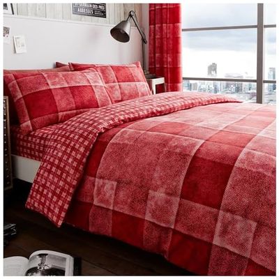 GC GAVENO CAVAILIA Parure de lit de Luxe à Carreaux en Denim avec Housse de Couette et taie d'oreiller-Polyester et Coton, Polycoton, Rouge, Single (135 x 200cm)