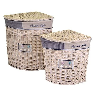 Vacchetti Cestone Portabiancheria Vimini Mare Set 2 Pezzi Conchiglie Angolare, Crema/Crema, Medio