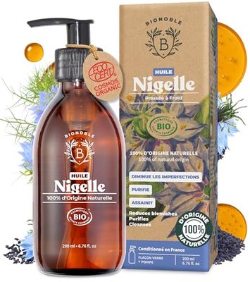 Bionoble Huile de Nigelle Bio Pure 200ml + Bouteille en Verre et Pompe - 100% Naturelle, Pressée à Froid - Visage Corps Cheveux - Huile de Cumin Noir Bio, Black Seed Oil
