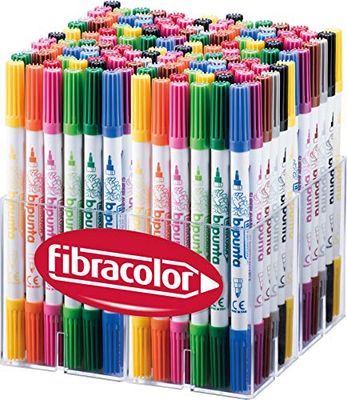 FIBRACOLOR Rotuladores bipunta, multicaja, 144 unidades, 12 unidades de cada uno de 12 colores, punta cónica y punta fina, doble trazo de escritura, superlavables