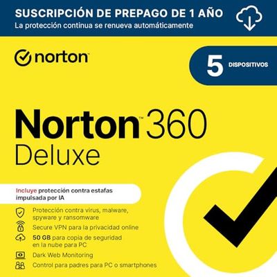 Norton 360 Deluxe 2025 |Antivirus 5 Dispositivos|1 año con renovación automática| Descarga digital