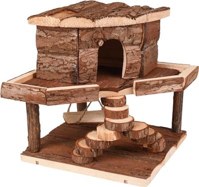 Flamingo Maison pour Rongeur Hansy Bois Brun - 20x20x20cm - Maison en Haute est Amovible pour Nettoyage Facile - Equipée d'une Platforme d'observation sur Le Toit