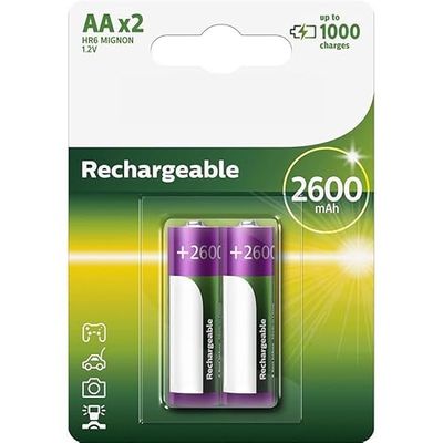 Pack de 2 Pilas AA Recargables Philips R6B2A260/10 de 1.2V. Ideal para Tus Dispositivos electrónicos. Potencia y Durabilidad en un Solo Paquete.