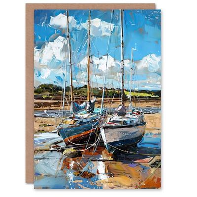 Artery8 Greeting Card Two Sailboats on Alnmouth Beach Painting Coastal Blank For Him Or Her Art Birthday Card