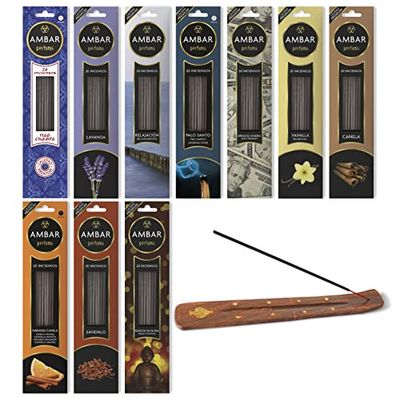 Ambar Perfums Inciensos de Varillas perfumadas con aceites Naturales. 60minutos duración por Varilla. 200 Varillas en Total. Pack 10 Aromas + Porta Incienso