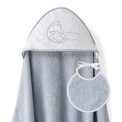 Interbaby - Capa de Baño Bebe Gris + Babero | Toalla Bebe con Capucha 100% Algodón, 100x100cm, Unisex | Suave, Cómoda, Ideal Recién Nacidos, Bebes y Niños Pequeños | Diseño Sweet Moon
