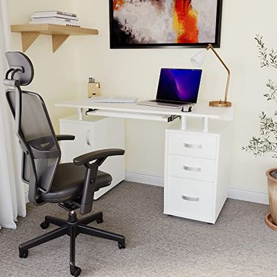 Vida Designs Otley Computer Bureau met planken en 3 laden, Home Office PC/Laptop Gaming-tafel, Studiewerkstation met toetsenbordlade, meubels, wit