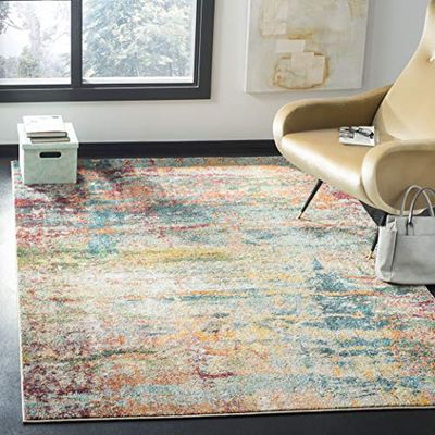 Safavieh Tapis Boho pour Salon, Salle à Manger, Chambre à Coucher - Monaco Collection, Tapis à Poil Court, Sarcelle et Orange, 200 x 300 cm