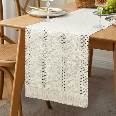 GlasFlength Bieżnik na stół w stylu boho 30 x 180 cm, bieżnik na stół, nowoczesny bieżnik z bawełnianym lnem, beżowy, obrus w stylu vintage, z frędzlami, zmywalny, na wesele, do kuchni, stołu