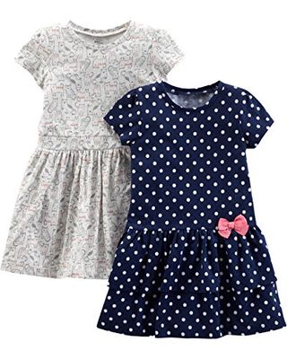Simple Joys by Carter's Baby Girls' Short-Sleeve and Sleeveless Dress Sets, Pack of 2 Casual, Grey Kitten/Navy Dots, 2 Years