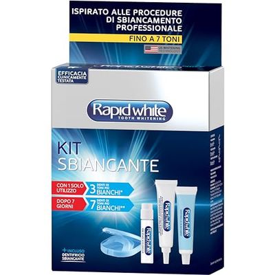 Rapid White - Kit Sbiancante Denti con Dentrifricio, per Uno Sbiancamento Fino a 7 Toni, Senza Perossido, Rimuove Macchie Profonde, con Mascherina Morbida, Gusto Menta, Clinicamente Testato