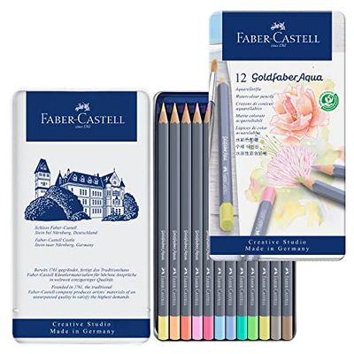 Faber-Castell Creative Studio Goldfaber Aqua Watercolour Pencil, Multicoloured, Tin Of 12, For Art, Craft, Drawing, Sketching, Home, School, University, Colouring