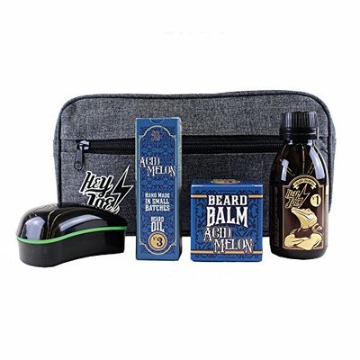 HEY JOE! Bearded Survival Kit Deluxe Nº 3 Acid Melon | Beard Care Set for Men High Quality [Beard Oil + Beard Balm + Beard Shampoo + Beard Brush] - Gift Toiletry Bag Included