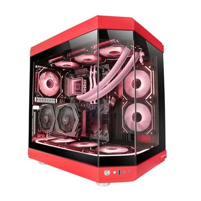 Mars Gaming MC-3T, Custom ATX Gaming Case, Drievoudig Venster Continu Gehard Glas, Volledige Ondersteuning Vloeistofkoeling, Dual Side Camera, 3x Verticale PCI Slots, USB-C en USB 3.0, Rood