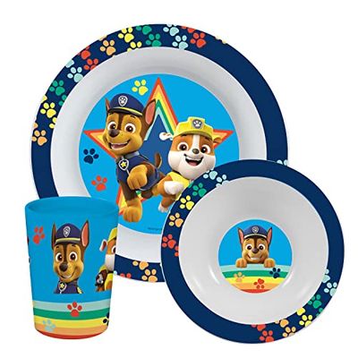 Paw Patrol ontbijtset, 3-delige serviesset met bord, kom en drinkbeker, kinderservies van kunststof, vaatwasmachine-/magnetronbestendig