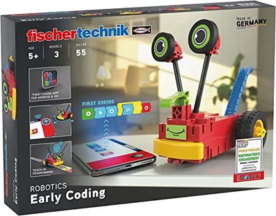 fischertechnik 559889 ROBOTICS Early Coding – kit costruzione per bambini dai 5 anni in su, set di esperimenti per 3 modelli di robot, con motori e sensori