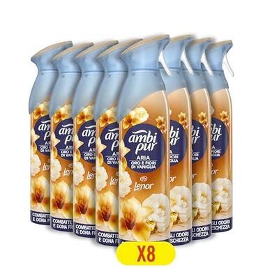 Ambi Pur Deodorante Ambiente Spray, Confezione da 8 Deodoranti, Fragranza Oro e Fiori di Vaniglia, Combatte Gli Odori In Qualsiasi Stanza Della Casa