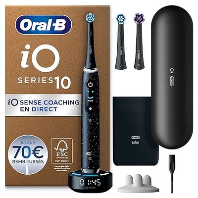 Oral-B iO Série 10 Brosse à Dents Électrique Noire, Coaching Et Contrôle De Pression, Modes Soin Des Gencives Et Douceur, 3 Brossettes Rondes De Rechange, 1 Chargeur, 1 Étui De Voyage, En Carton