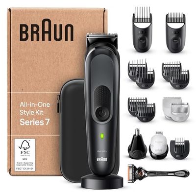 Braun Regolabarba Tagliacapelli Uomo, Rasoio Elettrico Barba e Capelli, 17-in-1 Styling Kit Per Barba, Capelli, Corpo, Naso e Orecchie, 100 Minuti Di Utilizzo, MGK7491 Nero