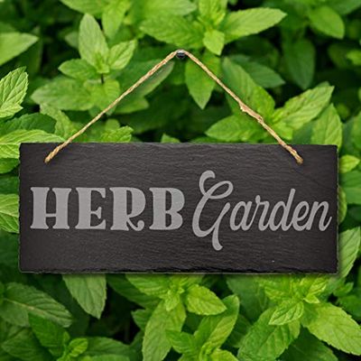 Stukk HERB Garden Home Allotment Veg Pots Hanging Sign, Natural Engraved Slate Stone Plaque, 30x12cm