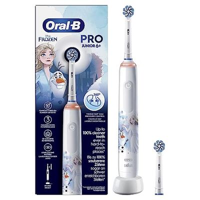 Oral-B Spazzolino Elettrico Ricaricabile Junior Frozen +6 Anni, Sensore di Pressione, Insegna un Corretto Spazzolamento, Utilizzabile con Disney Magic Timer, 2 Testine, 1 Spazzolino, Idea Regalo