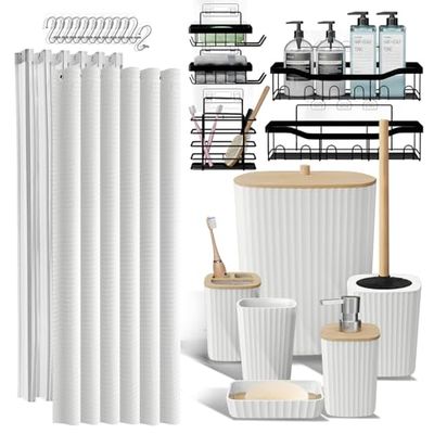 Set di accessori per doccia e accessori da bagno, 25 pezzi, con ripiano per doccia per riporre il bagno, set di tende da doccia bianche, scopino, cestino, dispenser di sapone, portaspazzolino