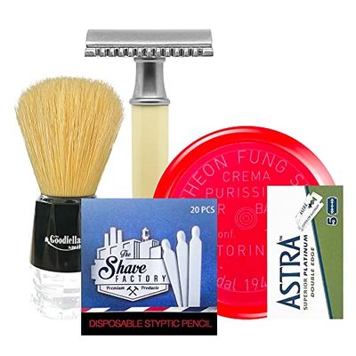 The Goodfellas' smile kit rasautra regalo 5 in 1 Rasoio di Sicurezza + 5 Lamette astra + Sapone da barba + fiammiferi emostatici + Pennello da barba