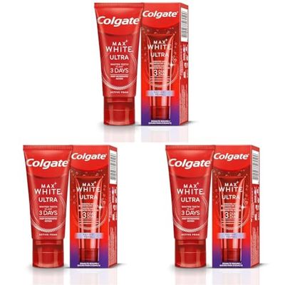 COLGATE Max White Ultra Active Foam Pasta de Dientes Blanqueadora con Flúor, 50ml, Dentífrico Blanqueador Seguro con el Esmalte, Dientes más Blancos en Sólo 3 Días*, Elimina Manchas Profundas*