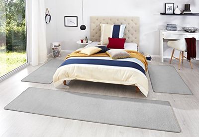 HANSE Home Tapis de Tour de lit Fancy 3 pièces - Descente de lit en Velours - Tapis à Poils Courts - Couleur Unie - pour Chambre d'enfant, Chambre à Coucher - Gris - 2 x 67 x 140 cm - 1 x 67 x 250 cm