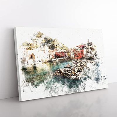 Boats In Vernazza Italy Watercolour Modern Canvas Wall Art Print Ready to Hang, Framed Picture for Living Room Bedroom Home Office Décor, 50x35 cm (20x14 Inch)