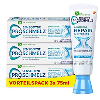 Sensodyne ProSchmelz Repair Dentifricio sbiancante, dentifricio giornaliero con fluoro, 3 x 75 ml, riparato da acidi indeboliti smalto dei denti e rimuove lo scolorimento