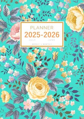 Planner July 2025-2026 June: A5 Weekly and Monthly Organizer | Vintage Rose Flower Garden Design Turquoise