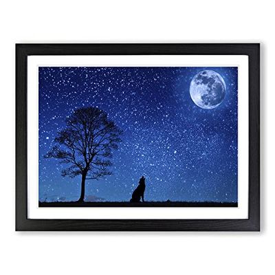 Wolf Howling at the Moon Modern Framed Wall Art Print, Ready to Hang Picture for Living Room Bedroom Home Office Décor, Black A4 (34 x 25 cm)