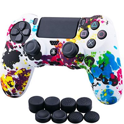 YoRHa Water Transfer Printing Camouflage Silicone Cover Skin Case for Sony PS4/slim/Pro Dualshock 4 Controller x 1(graffiti) With Pro thumb grips x 8