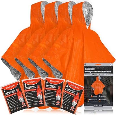 aZengear Poncho de Survie d'urgence (Lot de 4) Couverture Thermique en Mylar pour rétention de la Chaleur et de la Pluie | Réversible avec Capuche | Imperméable, Coupe-Vent, Portable