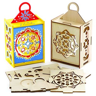 Baker Ross FE843 Rangoli Wooden Lantern - Pack of 3, Wooden Craft Set for Children, Arts and Crafts for Kids Activities for Kids to Colour In, Decorate and Display