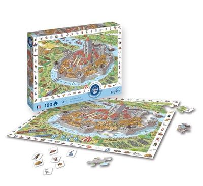 Calypto 3907506 Mittelalterburg, 100 Teile XL-Puzzle mit Soft-Touch, Kinderpuzzle mit samtiger Oberfläche inkl. Suchspiel und Puzzleposter, für Kinder ab 6 Jahren, Schloss, Ritterburg, Wimmelbild
