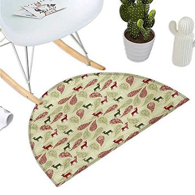Anshesix Paillasson en Demi-Cercle avec Motif de Doodle en Forme de cerf Motif Floral Abstrait avec Feuilles et Animaux Sauvages abstraites, 39,9 x 58,4 cm Noir crème H 15.7" xD 23.6" Color03