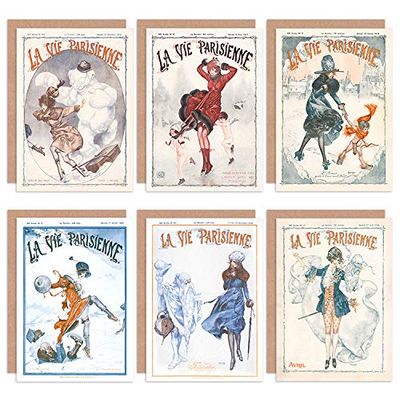 La Vie Parisienne Francuska kobieta zimowe kartki z życzeniami na łyżwach z kopertami opakowanie 6 szt.