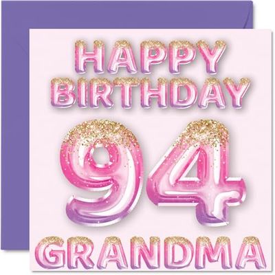 94:e födelsedagskort för mormor – rosa och lila glitterballonger – grattis på födelsedagskort för 94 år gammal mormor från barnbarn, 145 mm x 145 mm födelsedag gratulationskort present