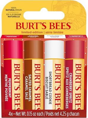 Burt’s Bees Confezione Regalo Balsamo Labbra Idratante, 4 Burrocacao al Gusto di Shortbread Cookie, Mirtillo Rosso, Caramello Salato e Menta Piperita, 100% origine naturale, 4x4,25 g