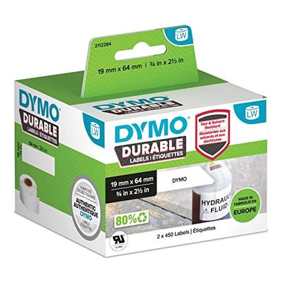 DYMO originele duurzame LabelWriter labels | 19 mm x 64 mm | Witte Poly | 2 rollen van 450 (900 zelfklevende labels) | High performance | Voor LabelWriter labelmakers