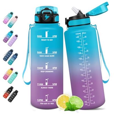 HoneyHolly Drinkfles, 1,5 l met rietje, sportfles, lekvrij, waterfles, met tijdmarkering, koolzuurhoudende drinkfles, geschikt voor outdoor, fietsen, fitness, yoga